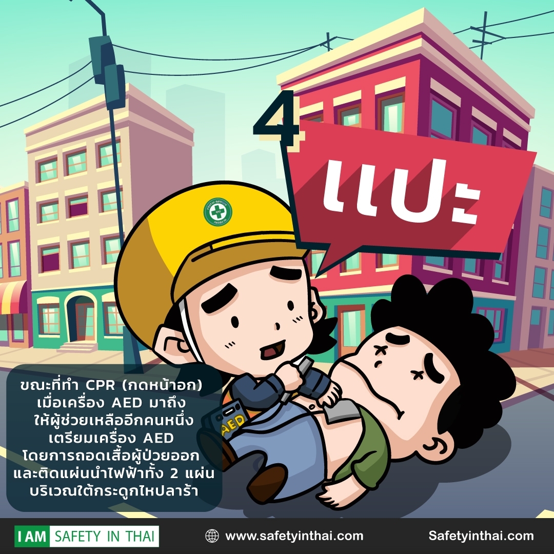 4 แปะ ขณะที่ทำ CPR (กดหน้าอก) เมื่อเครื่อง AED มาถึง ให้ผู้ช่วยเหลืออีกคนหนึ่ง เตรียมเครื่อง AED โดยการถอดเสื้อผู้ป่วยออก และติดแผ่นนำไฟฟ้าทั้ง 2 แผ่น บริเวณใต้กระดูกไหปลาร้า I AM SAFETY IN THAI AED www.safetyinthai.com Safetyinthai.com